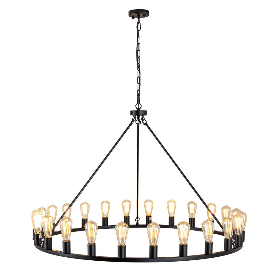 Farmhouze Light-24-Light Vintage Barn Metal Wagon Wheel Chandelier-Chandelier-Black + Wood Grain-