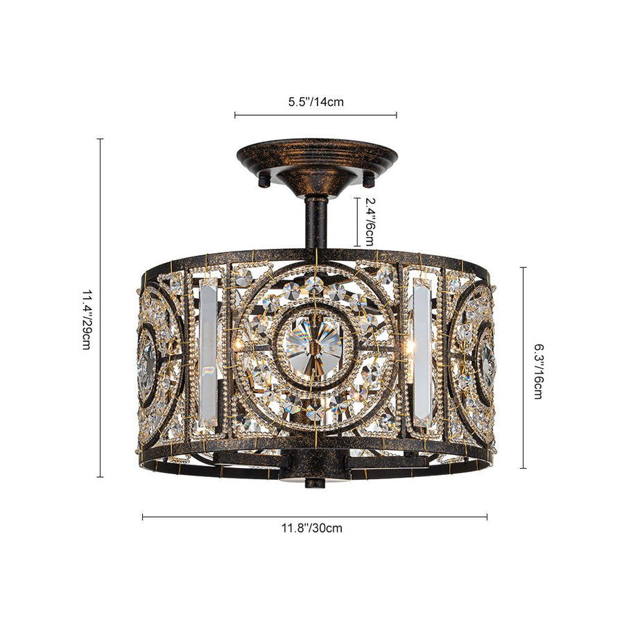 Farmhouze Light-3-Light Vintage Glam Crystal Drum Ceiling Light-Ceiling Light-Black-