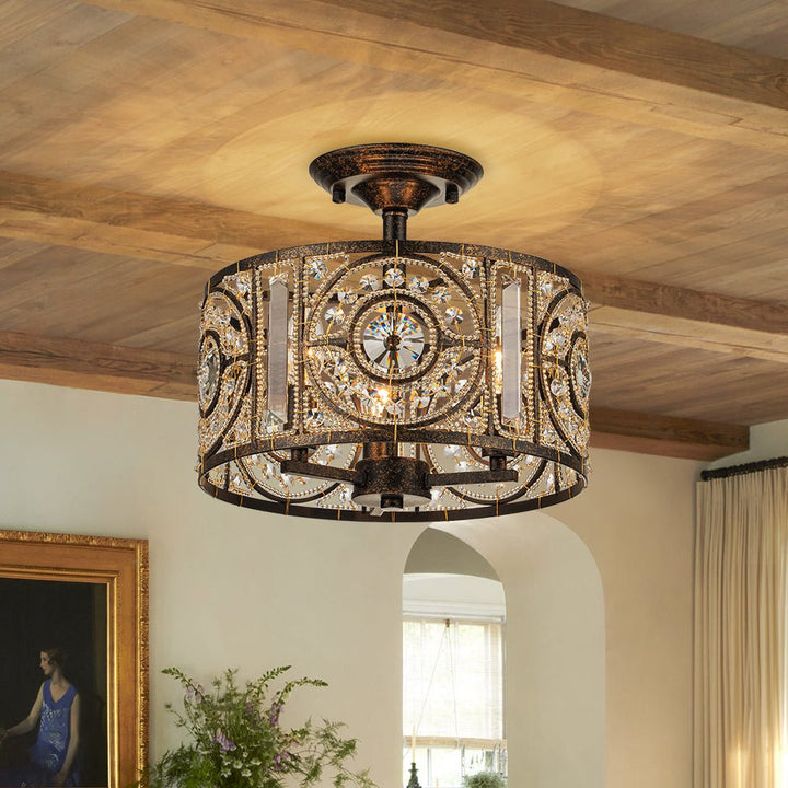 Farmhouze Light-3-Light Vintage Glam Crystal Drum Ceiling Light-Ceiling Light-Black-