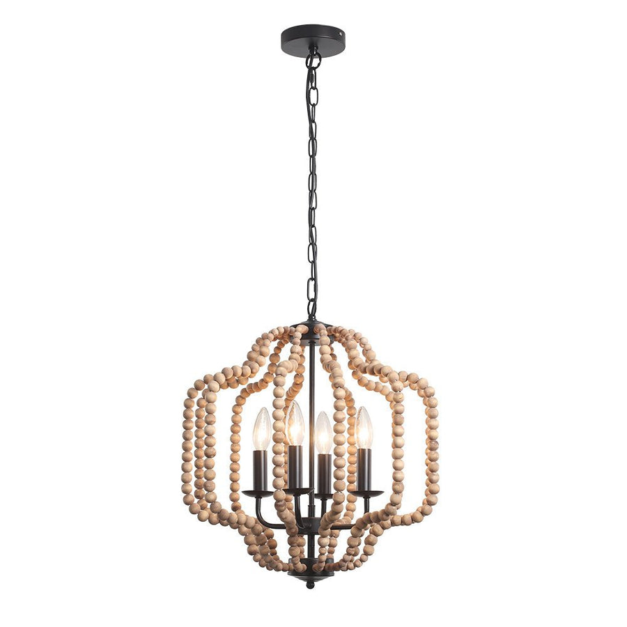 Farmhouze Light-4-Light Bohemian Wood Bead Cage Chandelier-Chandelier-Brown Wood + Matte Black-