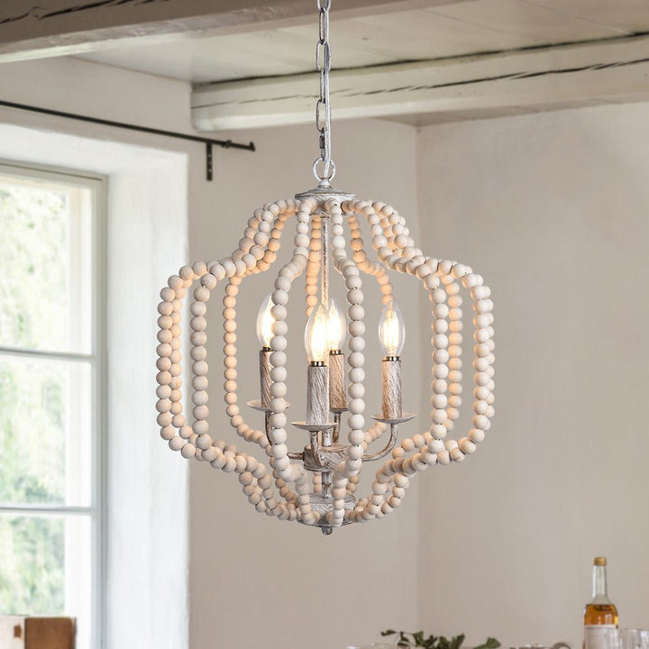 Farmhouze Light-4-Light Bohemian Wood Bead Cage Chandelier-Chandelier-Natural Wood + Rustic White-