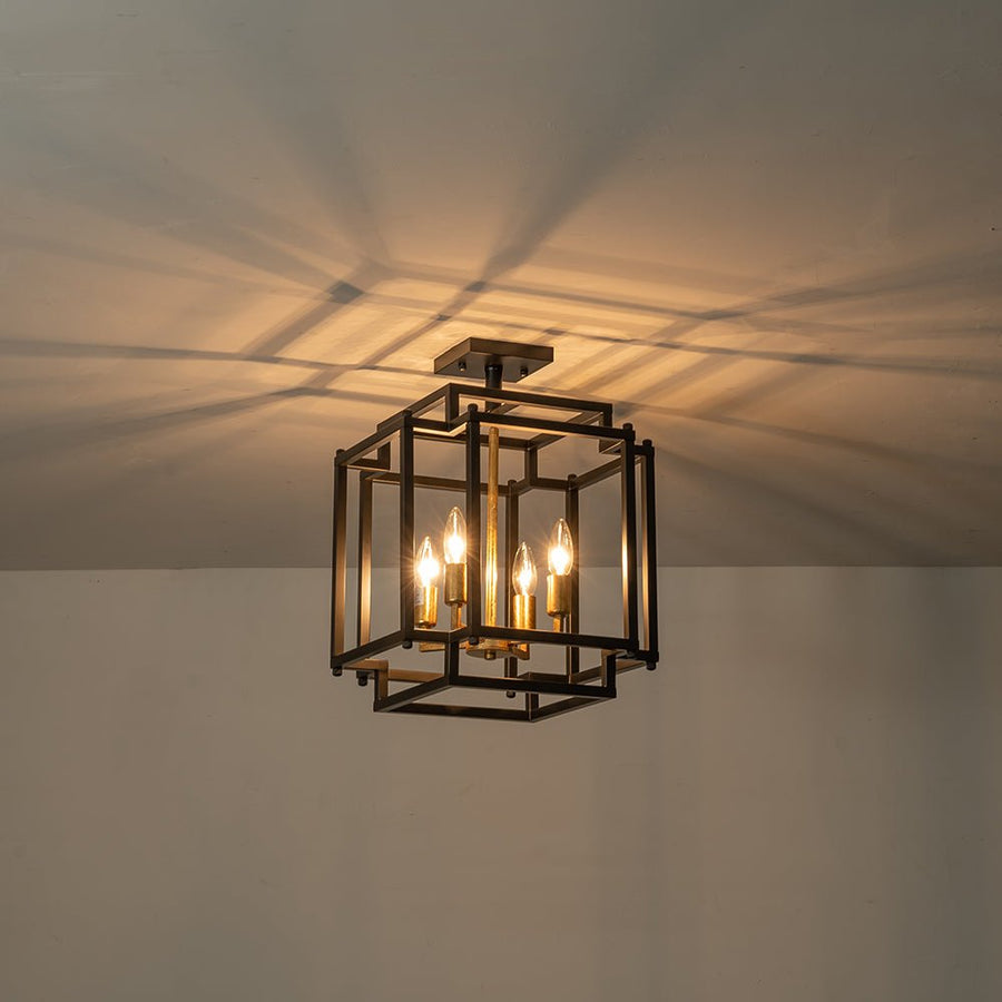 Farmhouze Light-4-Light Farmhouse Metal Square Cage Semi Flush Mount-Ceiling Light--