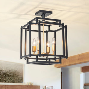 Farmhouze Light-4-Light Farmhouse Metal Square Cage Semi Flush Mount-Ceiling Light--