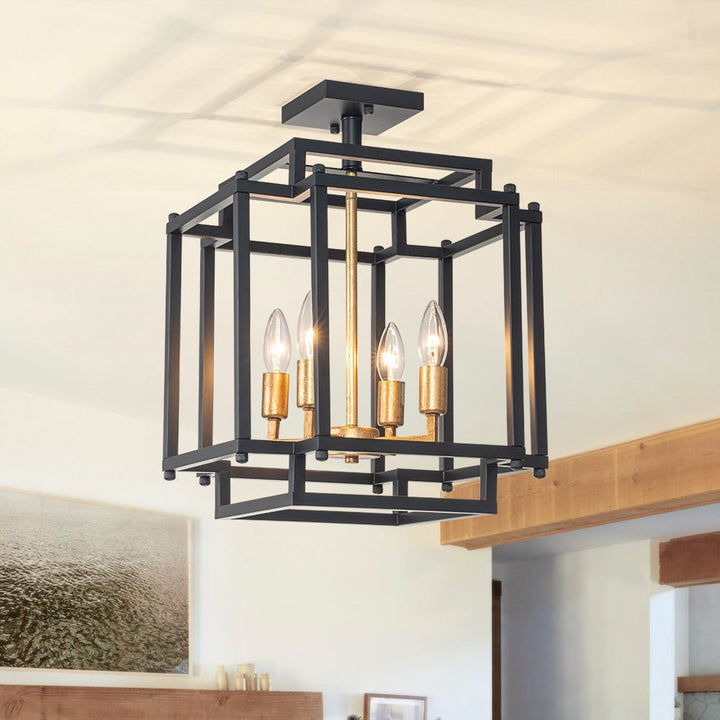 Farmhouze Light-4-Light Farmhouse Metal Square Cage Semi Flush Mount-Ceiling Light--