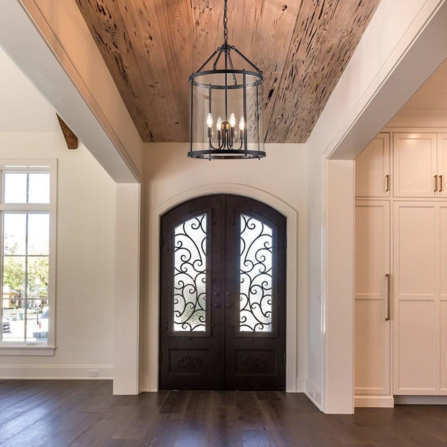 Farmhouze Light-4-Light Vintage Glass Cylinder Lantern Pendant Light-Pendant-Black-