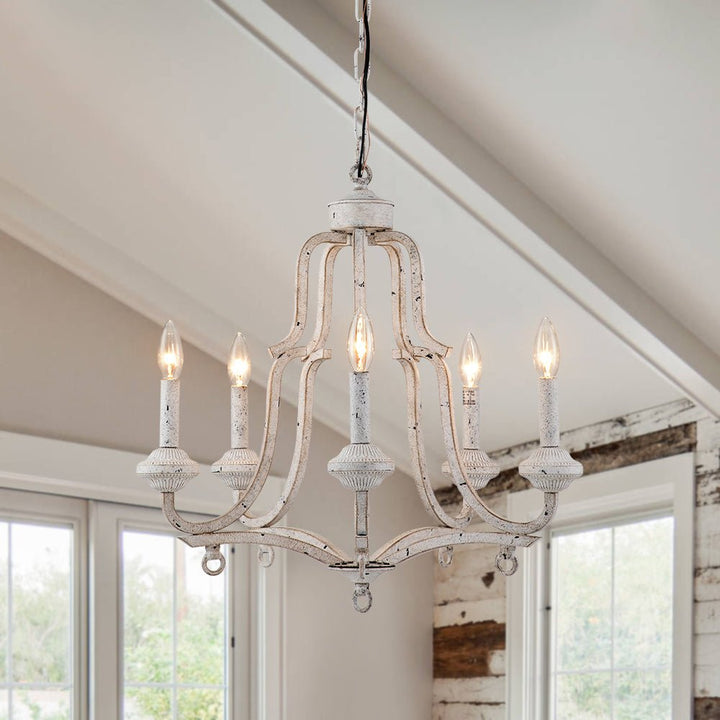 Farmhouze Light-5-Light Antique White Candle Style Lantern Chandelier -Chandelier--