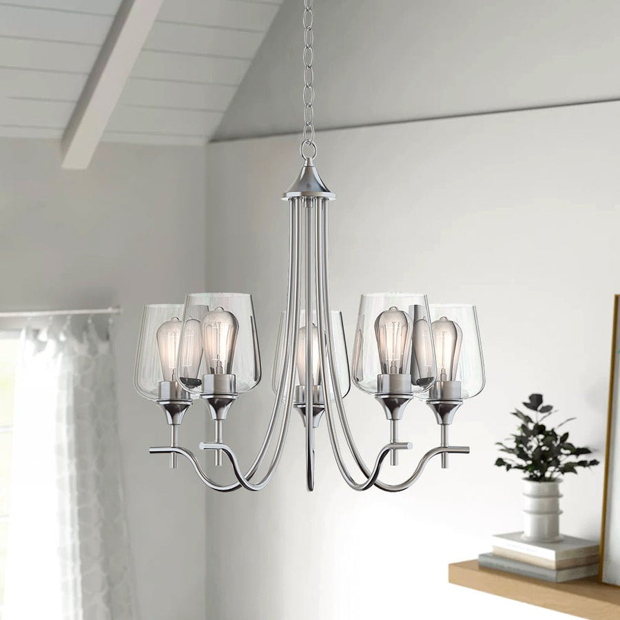 Farmhouze Light-5-Light Clear Glass Candle Style Chandelier-Chandelier-Nickel-