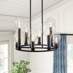 Farmhouze Light-8-Light Glass Tapered Long Globe Wagon Wheel Chandelier-Chandelier-Black-8-Light