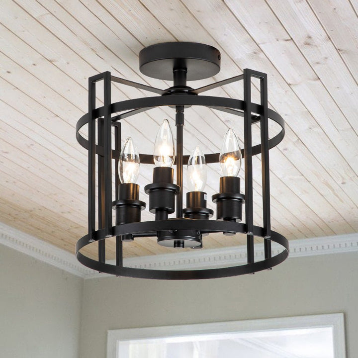 Farmhouze Light-Black Lantern Drum Semi Flush Mount-Ceiling Light--