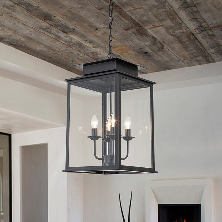 Farmhouze Light-Black Square Lantern Pendant Light-Chandelier--