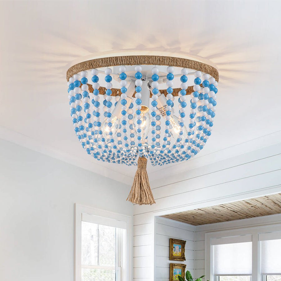 Farmhouze Light-Bohemian Bowl Bead Flush Mount-Ceiling Light-Blue and White Beads-