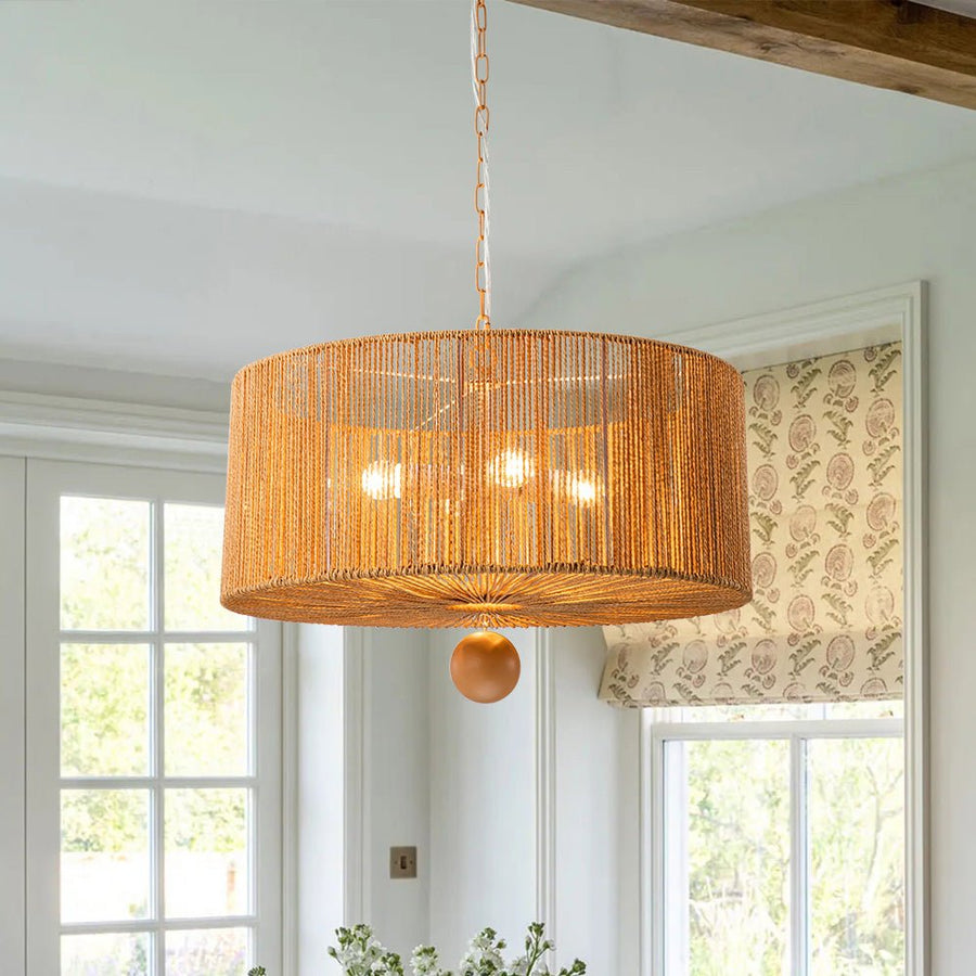 Farmhouze Light-Boho Farmhouse 4-light Rope Drum Pendant Light-Chandelier-4-Light-Brown