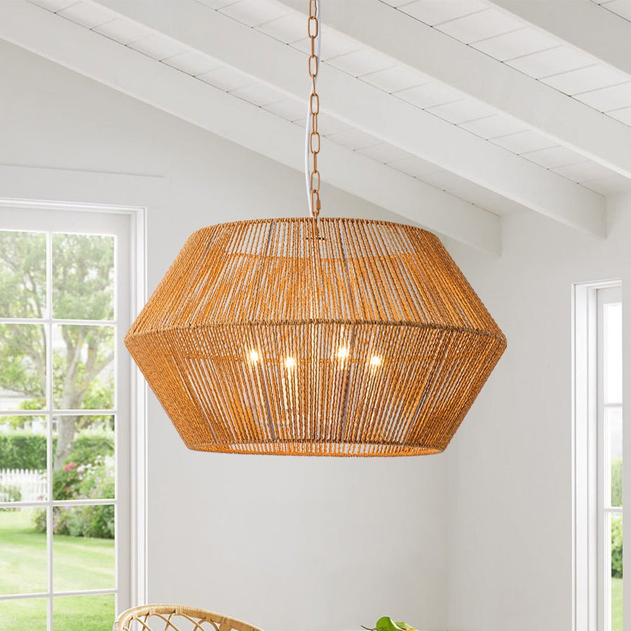 Farmhouze Light-Boho Farmhouse 4-light Wide Brown Rope Pendant Light-Chandelier-4-Light-Brown