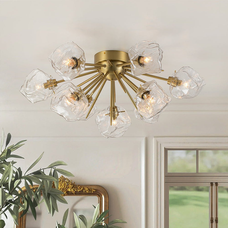 Farmhouze Light-Brass 9-Light Ice Glass Shade Sputnik Ceiling Light-Ceiling Light-9-Light-Brass