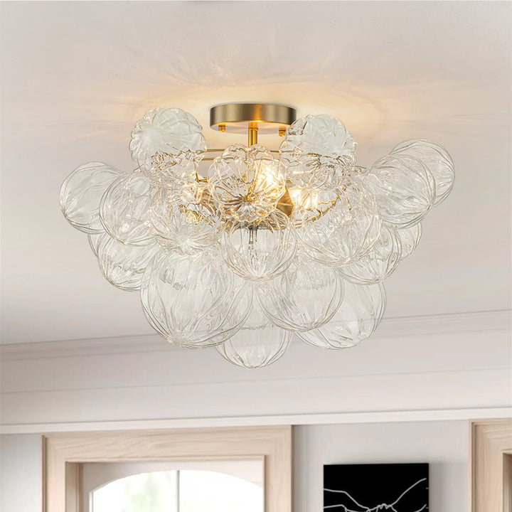 Farmhouze Light-Decorative Pattern Glass Globe Cluster Flush Mount-Chandelier-3-Lt-Brass (Pre-Order)