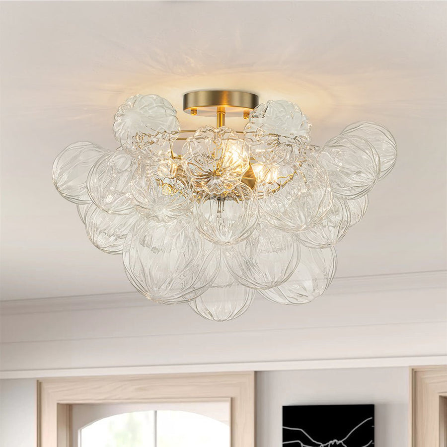 Farmhouze Light-Decorative Pattern Glass Globe Cluster Flush Mount-Chandelier-3-Lt-Brass (Pre-Order)