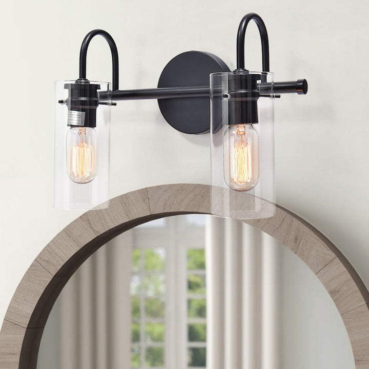 Farmhouze Light-Farmhouse 2-Light Glass Cylinder Vanity Wall Sconce-Wall Sconce-Black-2-Light