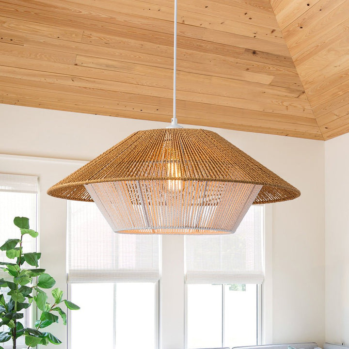 Farmhouze Light-Farmhouse Bohemian 1-Light Rope Cage Pendant Light-Chandelier-1-Light-Brown+White