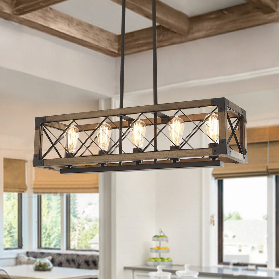 Farmhouze Light-Farmhouse Rectangle Wood Cage 5 Light Cross-iron Chandelier-Chandelier--