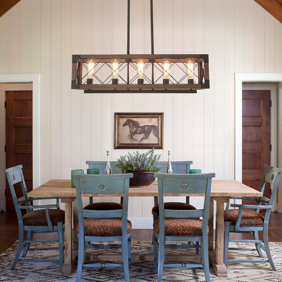 Farmhouze Light-Farmhouse Rectangle Wood Cage 5 Light Cross-iron Chandelier-Chandelier--