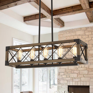 Farmhouze Light-Farmhouse Rectangle Wood Cage 5 Light Cross-iron Chandelier-Chandelier--