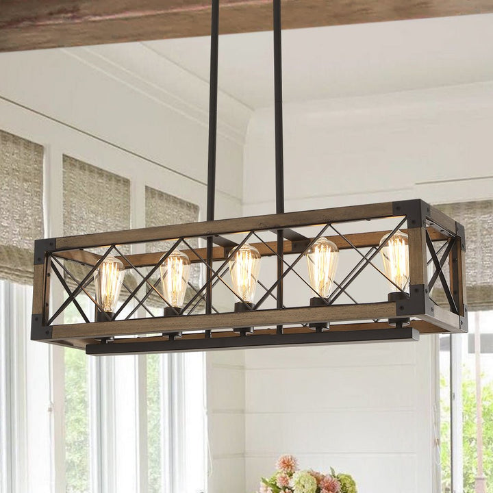 Farmhouze Light-Farmhouse Rectangle Wood Cage 5 Light Cross-iron Chandelier-Chandelier--