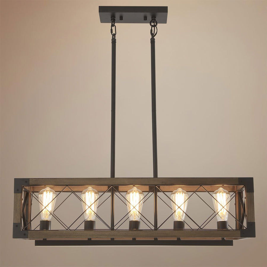 Farmhouze Light-Farmhouse Rectangle Wood Cage 5 Light Cross-iron Chandelier-Chandelier--