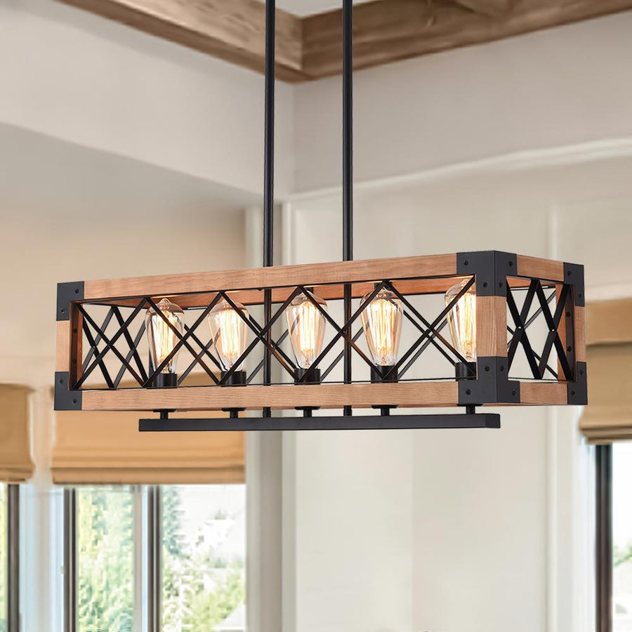 Farmhouze Light-Farmhouse Wood Rectangle Linear Chandelier-Chandelier--