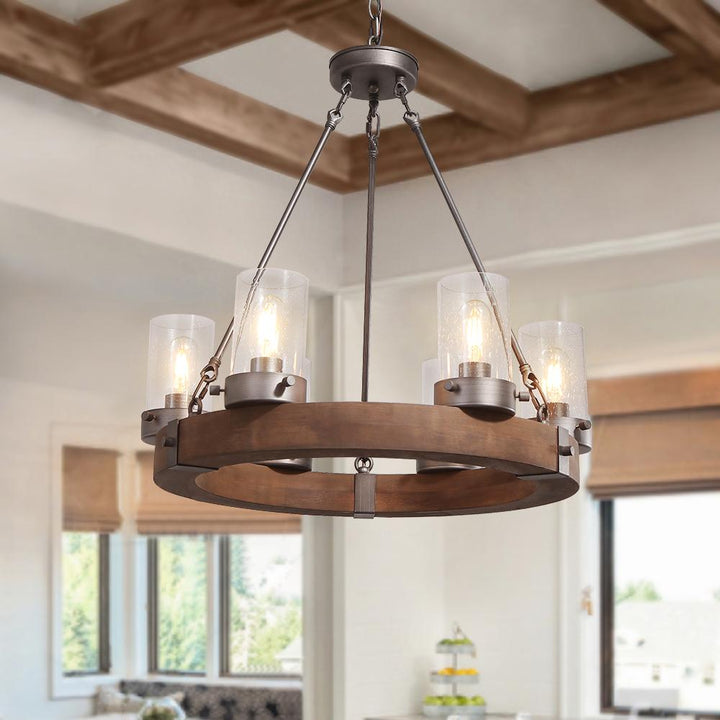 Farmhouze Light-Farmhouse Wood Wagon Wheel Chandelier-Chandelier--