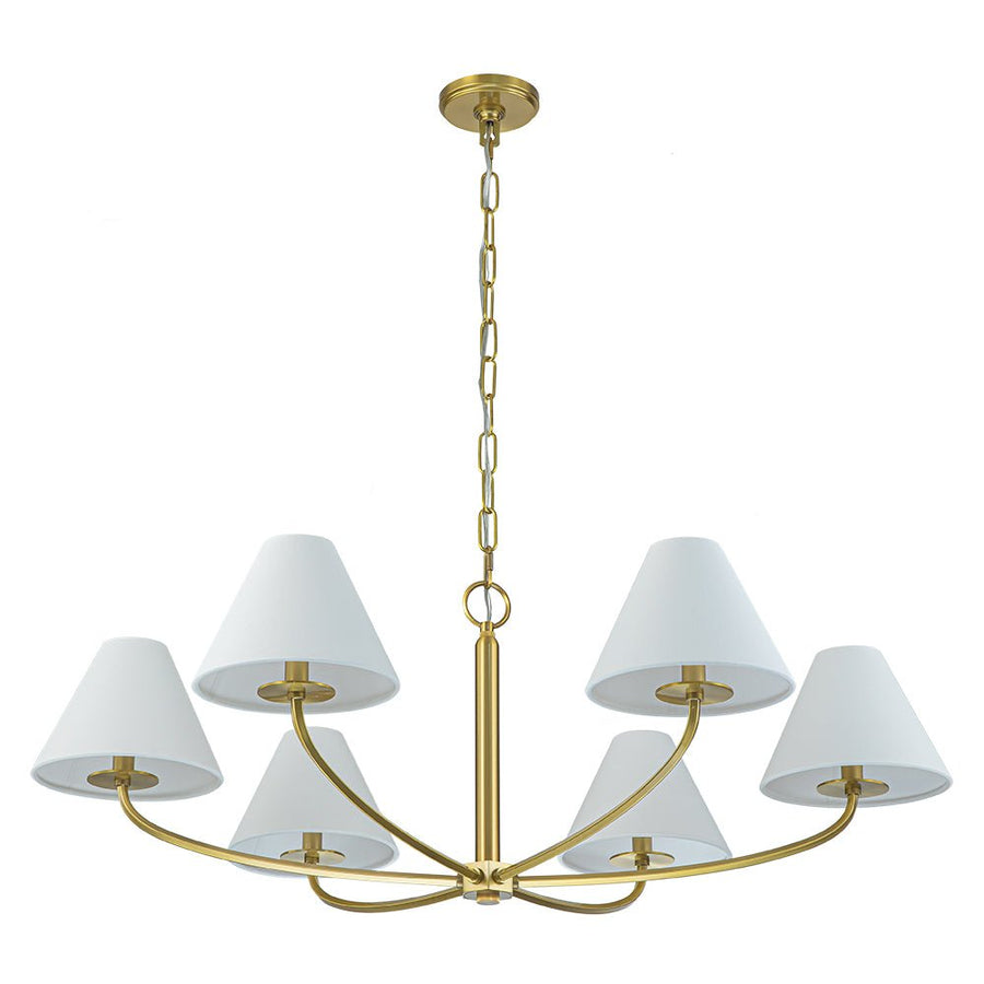 Farmhouze Light-French Farmhouse 6-Light Cone White Linen Shade Chandelier-Chandelier-Brass-