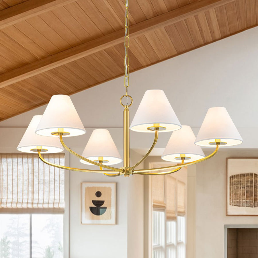 Farmhouze Light-French Farmhouse 6-Light Cone White Linen Shade Chandelier-Chandelier-Brass-