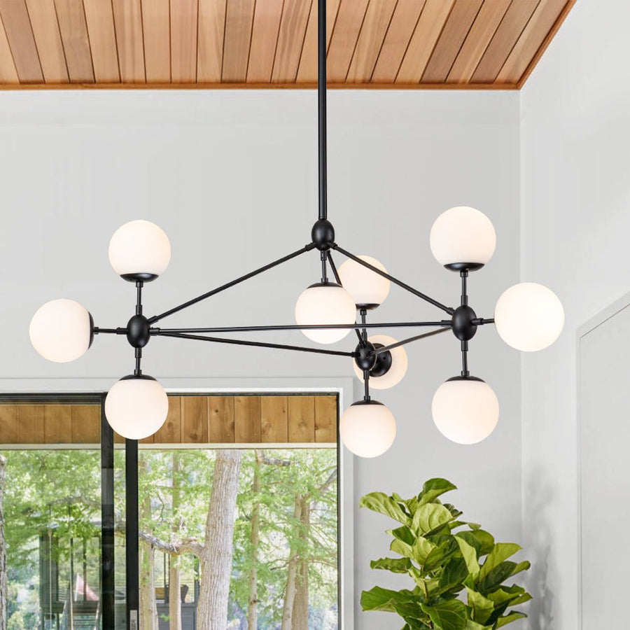 Farmhouze Light-Geometric Opal Glass Globe 10-Light Chandelier-Chandelier-Black-10-Light