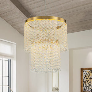 Farmhouze Light-Glam 2-Tier LED Brass Round Fringe Crystal Chandelier-Chandelier-Brass-