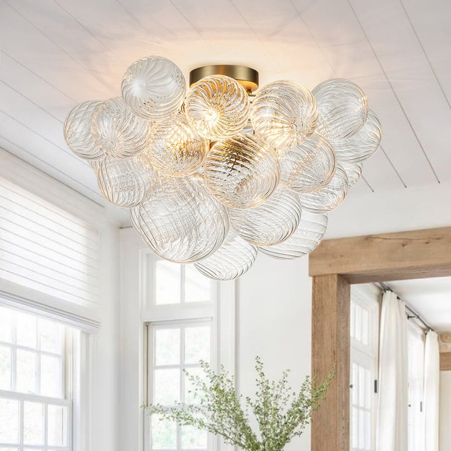 Farmhouze Light-Glam 3-Light Swirled Glass Globe Bubble Flush Mount Chandelier-Chandelier-3-Light-Brass