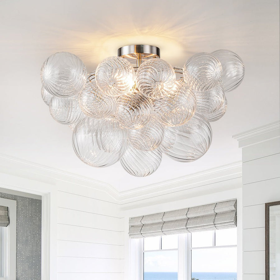 Farmhouze Light-Glam 3-Light Swirled Glass Globe Bubble Flush Mount Chandelier-Chandelier-3-Light-Nickel