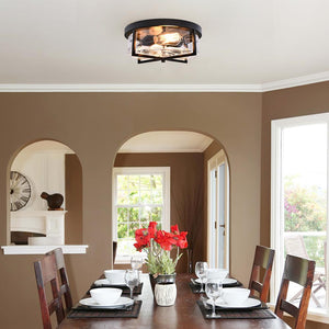 Farmhouze Light-Hammered Glass Metal Black Flush Mount-Ceiling Light--