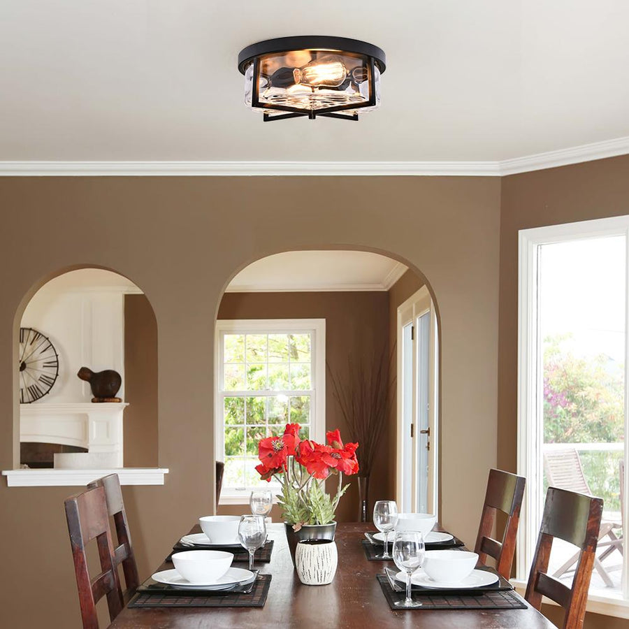 Farmhouze Light-Hammered Glass Metal Black Flush Mount-Ceiling Light--