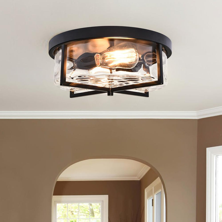 Farmhouze Light-Hammered Glass Metal Black Flush Mount-Ceiling Light--