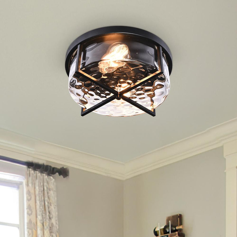 Farmhouze Light-Hammered Glass Metal Black Flush Mount-Ceiling Light--