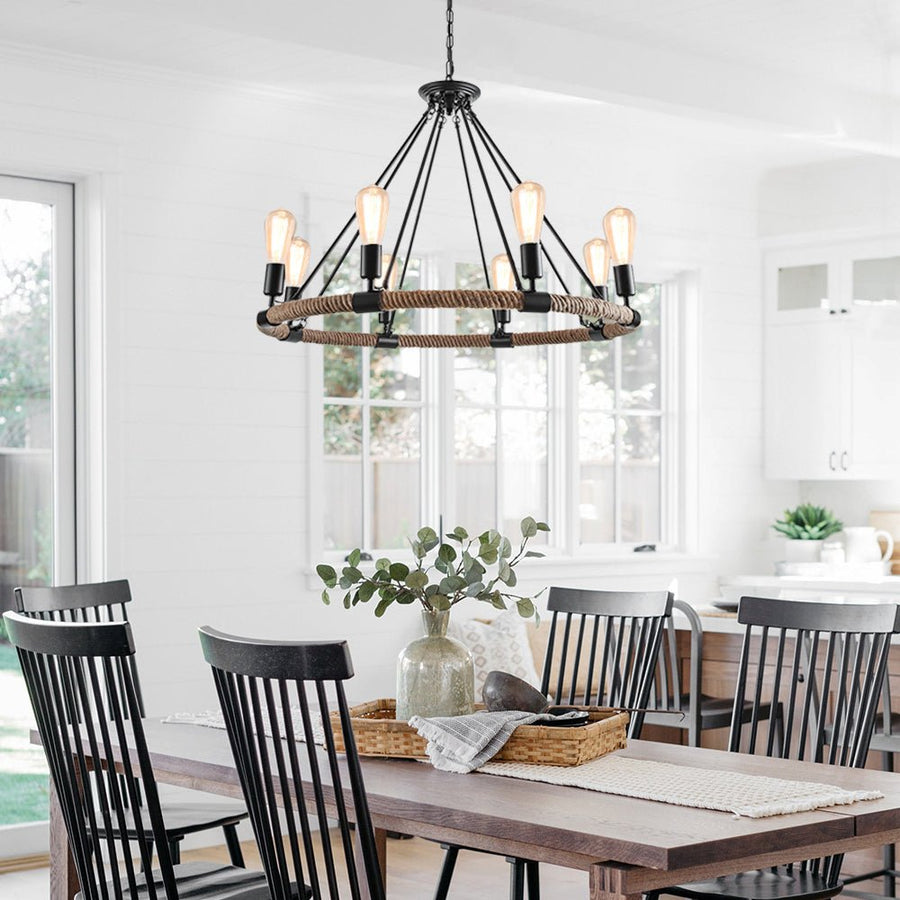 Farmhouze Light-Industrial Retro Hemp Rope Pendant Light-Chandelier-8 bulbs-