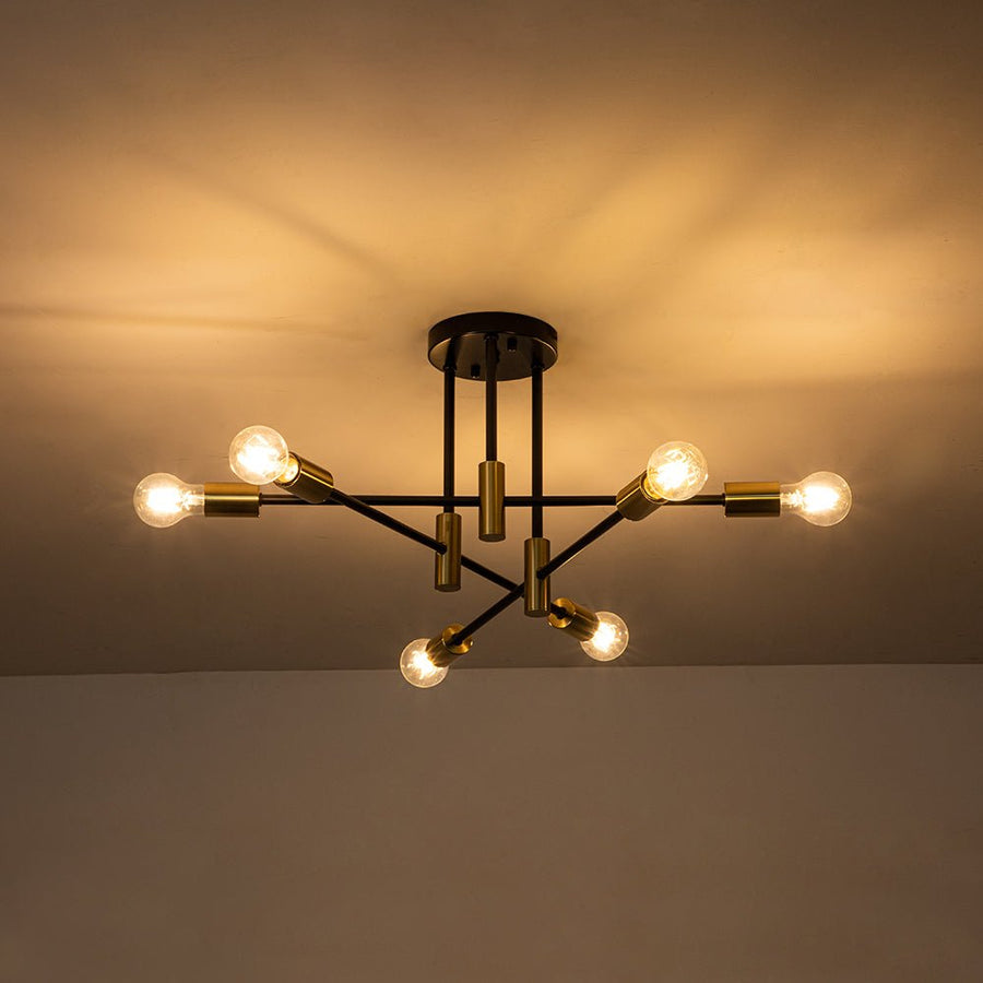 Farmhouze Light-Linear Sputnik Semi Flush Mount Ceiling Light-Ceiling Light-Black+Brass-6-Light