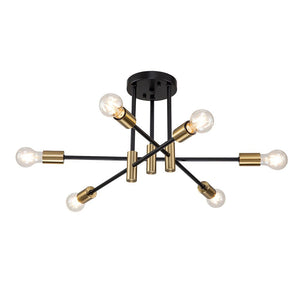 Farmhouze Light-Linear Sputnik Semi Flush Mount Ceiling Light-Ceiling Light-Black+Brass-6-Light