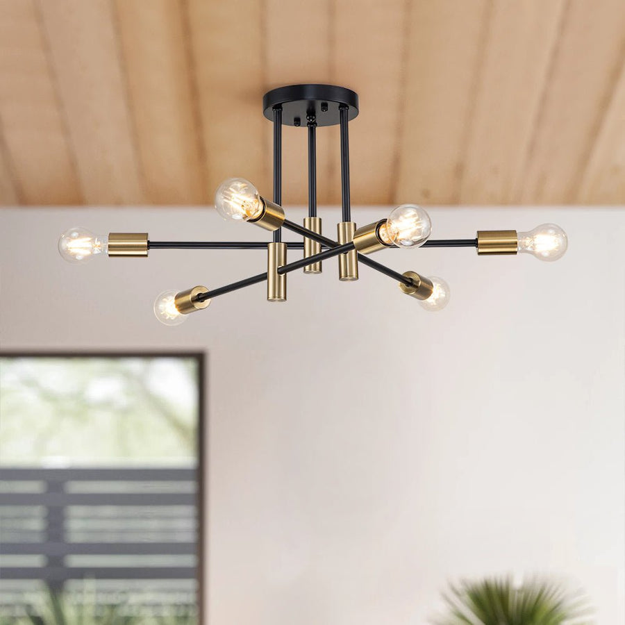 Farmhouze Light-Linear Sputnik Semi Flush Mount Ceiling Light-Ceiling Light-Black+Brass-6-Light