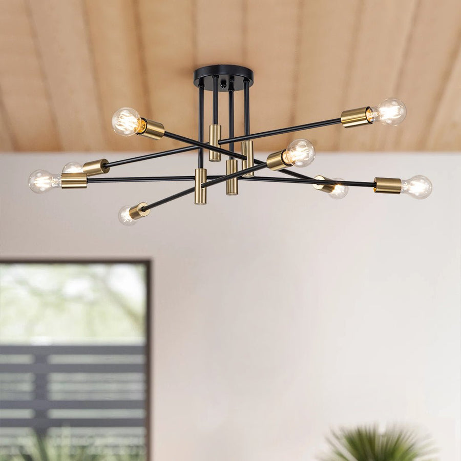 Farmhouze Light-Linear Sputnik Semi Flush Mount Ceiling Light-Ceiling Light-Black+Brass-8-Light