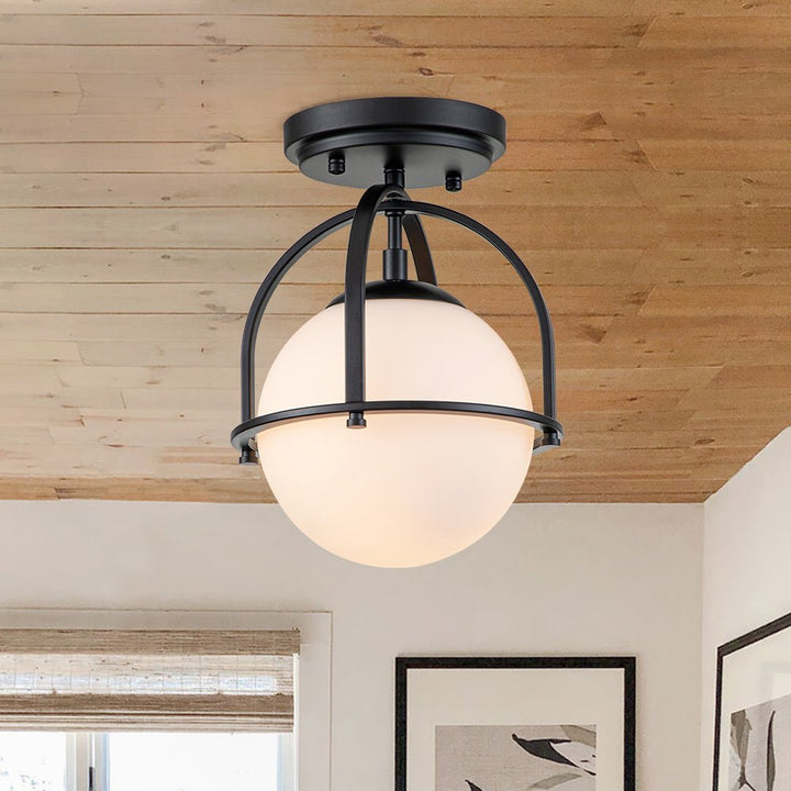 Farmhouze Light-Mid-century 1-Light Opal Glass Globe Semi-Flush Mount-Ceiling Light-Black-