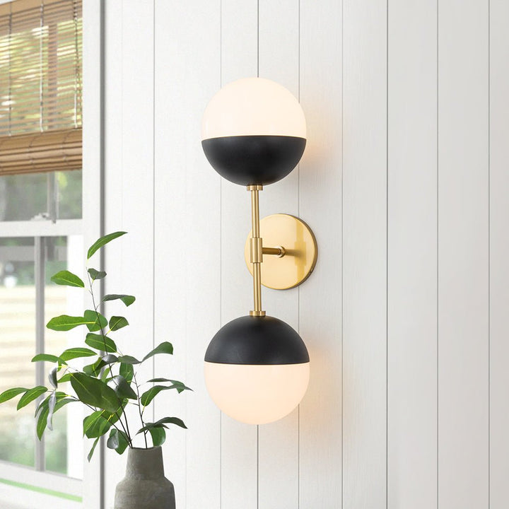 Farmhouze Light-Mid-century 2-Light Milky Glass Globe Vanity Wall Light-Wall Sconce-Brass-