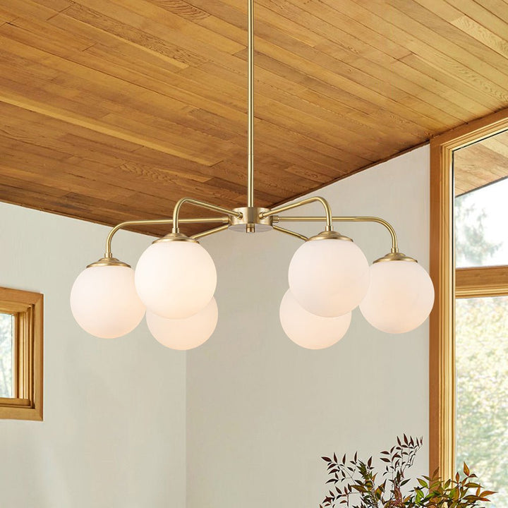 Farmhouze Light-Mid-Century 6-Light Opal Glass Globe Sputnik Chandelier-Chandelier-Brass-