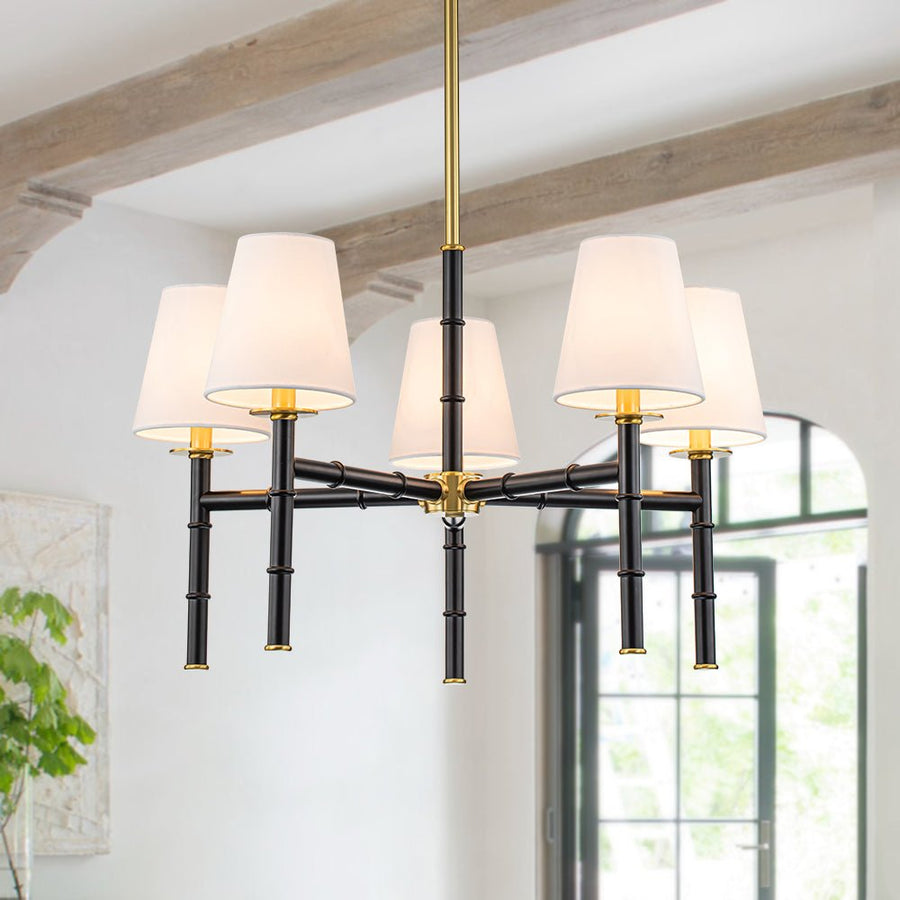 Farmhouze Light-Mid-Century Black Brass 5-Light Linen Shade Chandelier-Chandelier-5-Light-