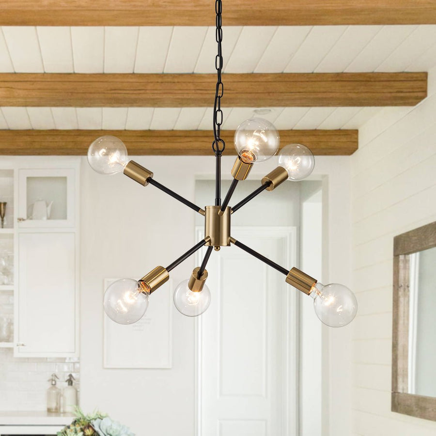 Farmhouze Light-Modern Mid-century 6-Light Sputnik Chandelier-Chandelier-Brass + Black-