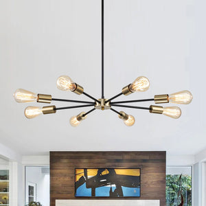 Farmhouze Light-Modern Mid-Century Linear Sputnik Pendant Light-Chandelier-Black+Brass-8-Light